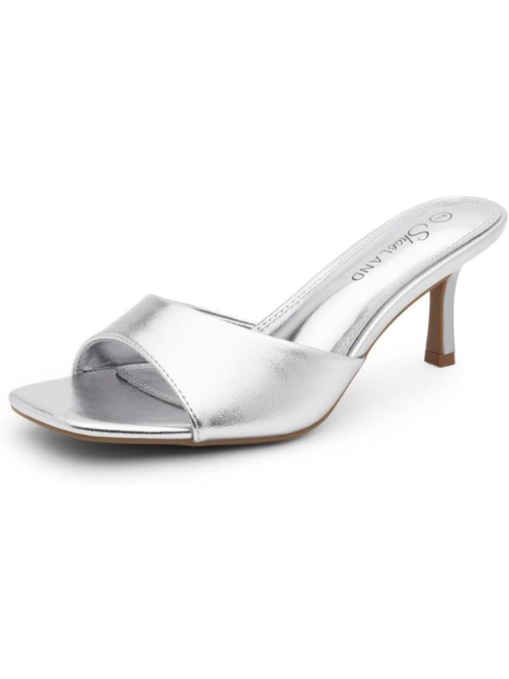 Women's Low Heels Stiletto Slides Silver Open Toe One Band Slip-On Heeled Mules